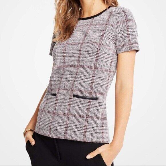 Ann Taylor blouse MEDIUM PETITE s/l window pane plaid faux leather trim neck - Picture 1 of 16
